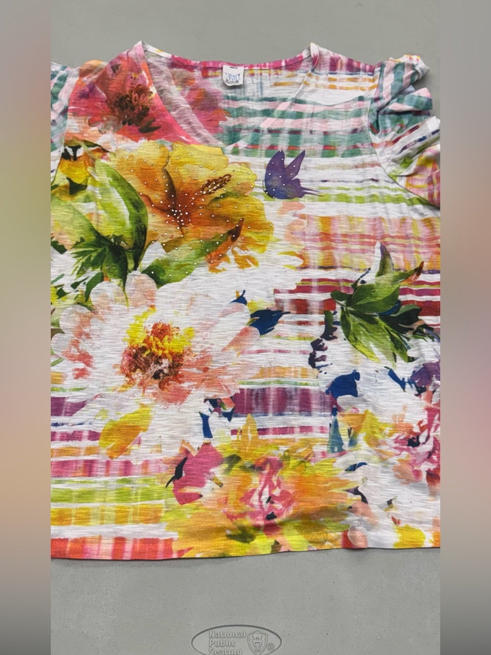 Time and Tru Multicolor Floral Striped Short Sleeve Top